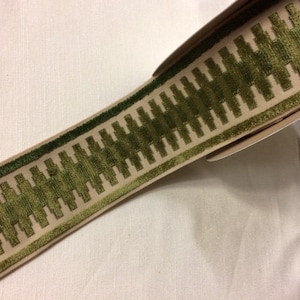 Beige & Green High Quality Woven Velvet Embroidery Trim Tape 3.5" H-1108/7 Upholstery / Bedding / Fabric Borders / By The Yard