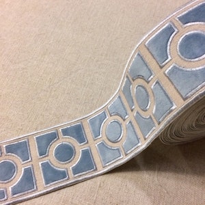 Cream & Light Blue High Quality Woven Embroidery Trim Tape 3.5" H-1156C-5 Upholstery / Bedding / Fabric Borders / By The Yard