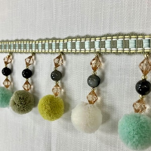 Spa Blue Multi Beaded Pom Pom Tassel Fringe Trim 4" Width TF-77/40 Drapery / Upholstery / Pillows / Interior Design / Home Furnishing