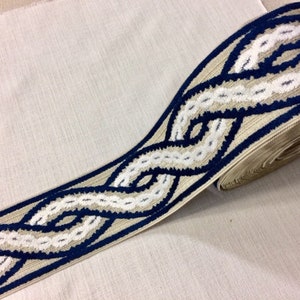 Natural, White & Navy Blue High Quality Woven Velvet Embroidery Trim Tape 3.5" H-1113/4 Upholstery / Bedding / Fabric Borders / By The Yard