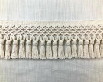 May include: A close-up of a white crocheted trim with a fringe of tassels. The trim has a delicate, openwork design.