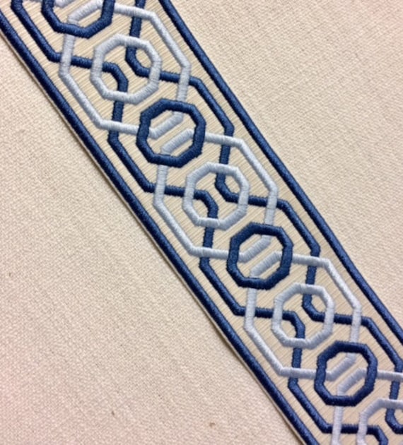 Cream & Colonial Blue Woven Embroidery Trim Tape 2.25 H-1151A-1