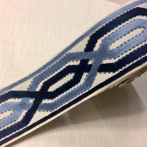 Cream, Navy & French Blue High Quality Woven Velvet Embroidery Trim Tape 3.5" H-1109/4 Upholstery / Bedding / Fabric Borders / By The Yard