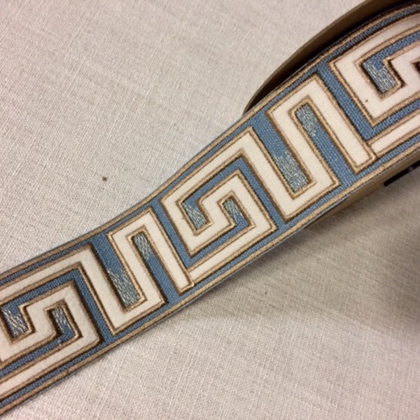 Colonial Blue, White & Tan Greek Key Woven Embroidery Trim Tape 2 1/8" H-1156A-4 Upholstery / Bedding / fabric Border / Interior Design