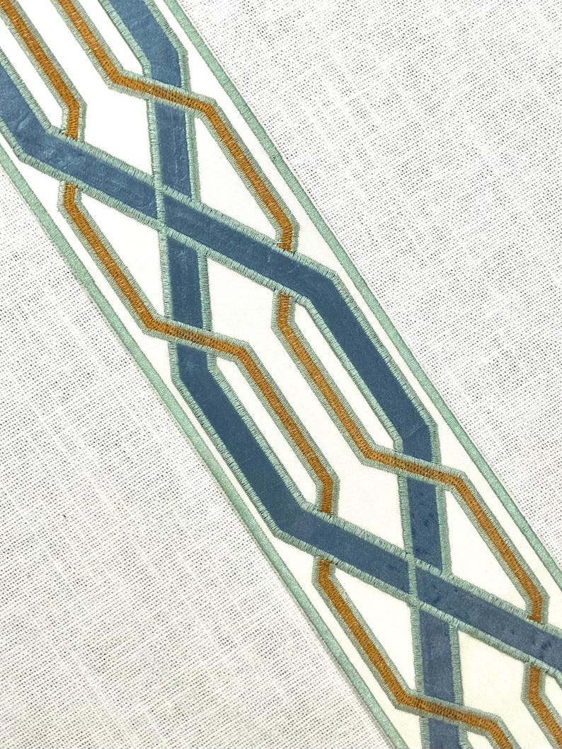 May include: A close-up of a blue and orange geometric patterned trim. The trim is on a white fabric background.
