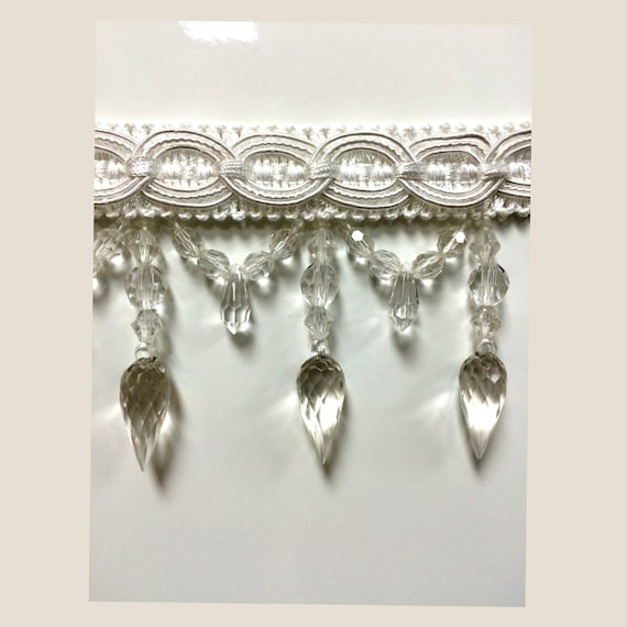4 White Clear Lucite Crystal Beaded Tassel Fringe Trim 4 White Clear Lucite Crystal Beaded, Crystal Bead Trim For Curtains