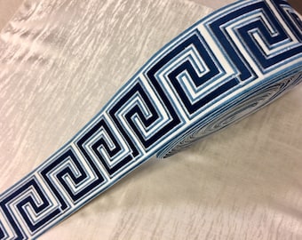 White, Navy, Colonial & Lt. Blue 3.75 Inch Woven Suede Embroidery Trim Tape H-17922 Highest Quality / Drapery / Upholstery / Curtains