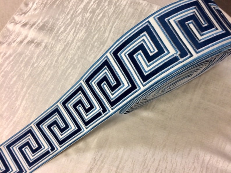 White, Navy, Colonial & Lt. Blue 3.75 Inch Woven Suede Embroidery Trim Tape H-17922 Highest Quality / Drapery / Upholstery / Curtains image 1