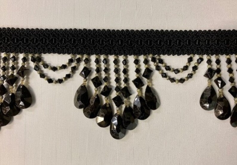 4.25 Black Crystal Beaded Fringe Trim TF-7847 Upholstery Drapery Price Per Yard Hoem Decor