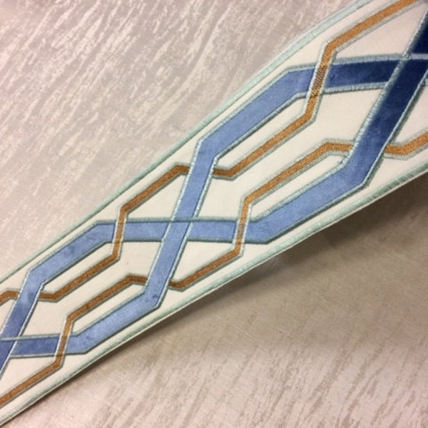 Cream, Aqua & Colonial Blue 3.75 Inch Woven Suede Embroidery Trim Tape H-17955 Highest Quality / Drapery / Upholstery / Curtains H-17955