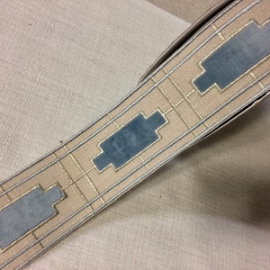 Beige & Light Blue High Quality Woven Embroidery Trim Tape 2.5" H-1156B-5 Upholstery / Bedding / Fabric Borders / By The Yard