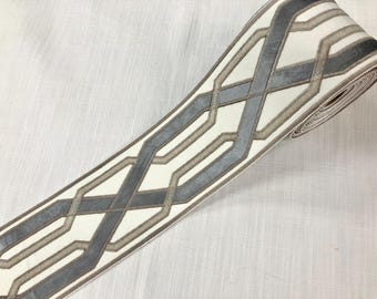 Cream, Silver & Taupe Woven Suede Embroidery Trim Tape  3.75" Width H-179208 Upholstery / Drapery / Interior Design / Home Furnishing