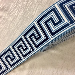 White, Navy & Blue Sample Swatch Only 7" Fabric Trim with Embroidery Trim H-17922SGreek Key Trim 3.5" Width 9cm Height Upholstery / Drapery