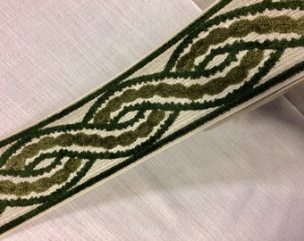 Beige & Green High Quality Woven Velvet Embroidery Trim Tape 3.5" H-1113/7 Upholstery / Bedding / Fabric Borders / By The Yard