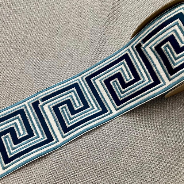White, Navy, Colonial & Lt. Blue 3.75 Inch Woven Suede Embroidery Trim Tape H-17922 Highest Quality / Drapery / Upholstery / Curtains