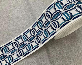 May include: White fabric trim with a blue and teal floral pattern. The trim is rolled up and the pattern is visible on the fabric.