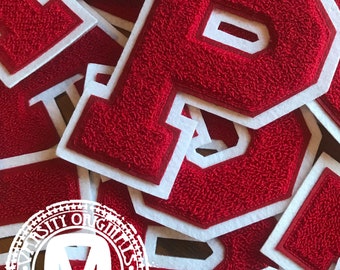 Scarlet Red/White 6” Chenille Varsity Letterman Letter Patches / A-Z Available / In-Stock / Ready to Ship / MADE in USA