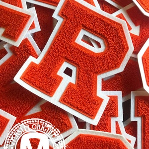 Patches de letras laranja/brancos de chenille Varsity Letterman de 6” / A-Z disponíveis / Em estoque / Prontos para envio / FEITOS nos EUA