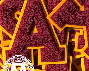 15 cm kardinal- och guldfärgad chenille Varsity Letterman-bokstävermärkeslapp, tillverkad i USA (A–Ö tillgängliga)