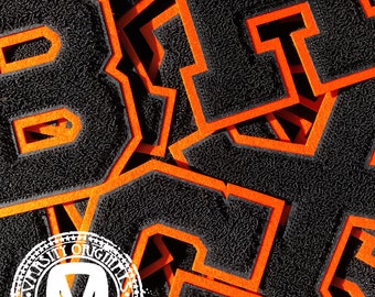 Schwarz / Orange 6-Zoll-Chenille Varsity Letterman Buchstabenaufnäher / A-Z verfügbar / Auf Lager / Versandfertig / MADE in den USA