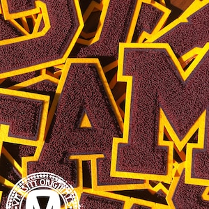 Parches con letras de chenilla de 6" de color granate y dorado de Varsity Letterman / Disponibles de la A a la Z / En existencia / Listos para enviar / FABRICADOS en EE. UU.