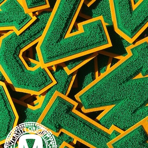 Kelly Green/Gold 6” Chenille Varsity Letterman Letter Patches / A-Z Available / In-Stock / Ready to Ship / MADE in USA