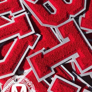 Scarlet Red/Grey 6” Chenille Varsity Letterman Letter Patches / A-Z Available / In-Stock / Ready to Ship / MADE in USA