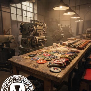 Pode incluir: Cena de oficina com uma longa mesa de madeira coberta por patches circulares coloridos. Os patches apresentam v&aacute;rios designs e texto. Maquinaria industrial e l&acirc;mpadas suspensas vis&iacute;veis no fundo. A cena tem uma est&eacute;tica vintage.