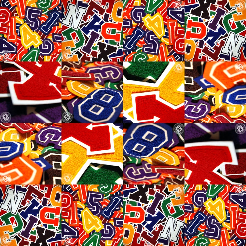 Pode incluir: Uma colagem de patches coloridos de letras e n&uacute;meros universit&aacute;rios em v&aacute;rias cores, incluindo vermelho, azul, amarelo e verde. Os patches s&atilde;o feitos de feltro e t&ecirc;m uma borda costurada. A imagem &eacute; um close-up dos patches.