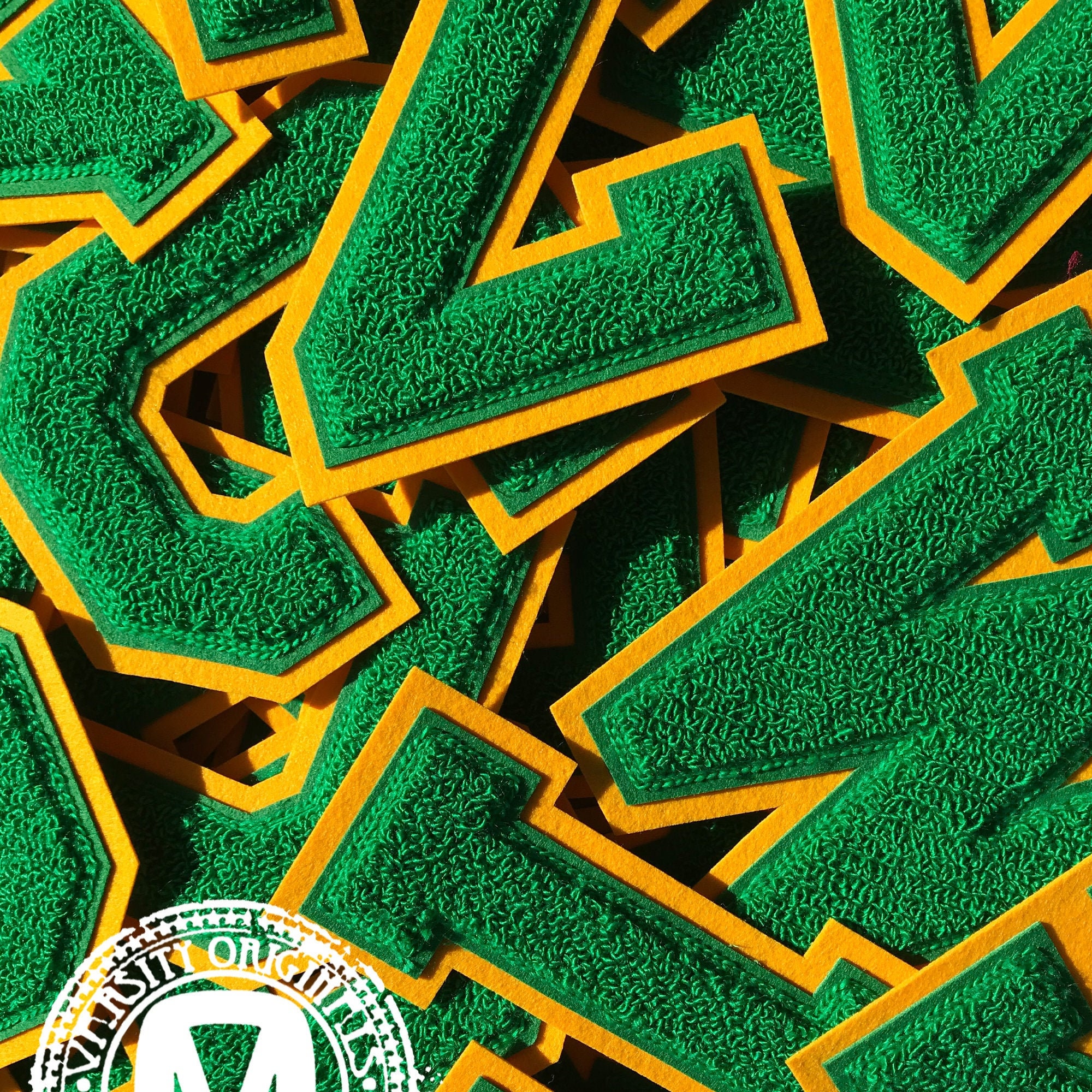 Kelly Green/Gold 6” Chenille Varsity Letterman Letter Patches / A-Z Available / In-Stock / Ready to Ship / MADE in USA