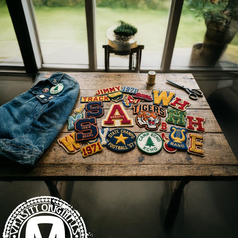 May include: A collection of varsity patches and a denim jacket are arranged on a wooden table. The patches feature various colors, letters, and designs, including a tiger, a star, and the words "Varsity" and "Tigers".
