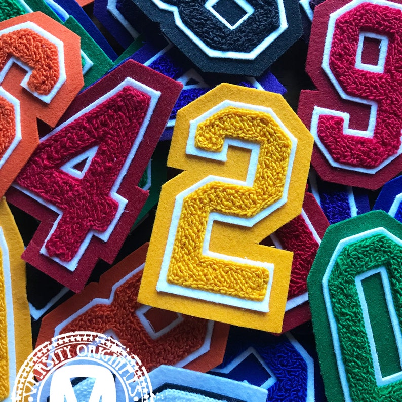 7,5 cm Chenille Varsity Letterman-siffror 0–9 (individuella nummer), 11 färger tillgängliga, tillverkad i USA bild 1