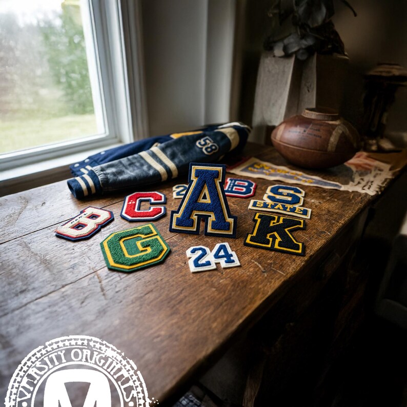 Pode incluir: Uma cole&ccedil;&atilde;o de patches de letras universit&aacute;rias em v&aacute;rias cores, incluindo azul, vermelho, verde e dourado, dispostos em uma superf&iacute;cie de madeira. Uma jaqueta universit&aacute;ria vintage azul e dourada tamb&eacute;m est&aacute; presente. Os patches apresentam letras e n&uacute;meros.
