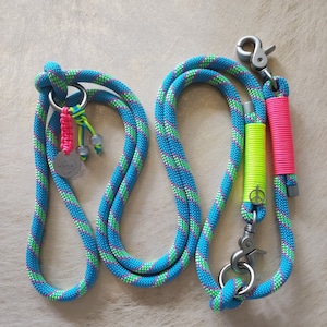 Dog collar, dog leash/rope leash, 2-way adjustable, colorful, turquoise, neon, matt silver fittings, handmade, also as a retriever leash