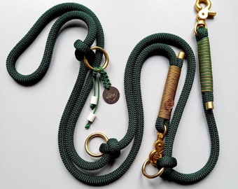 Dog leash/rope leash green, 2-way adjustable and collar for large dogs, handmade, antique gold fittings, also as a retriever leash