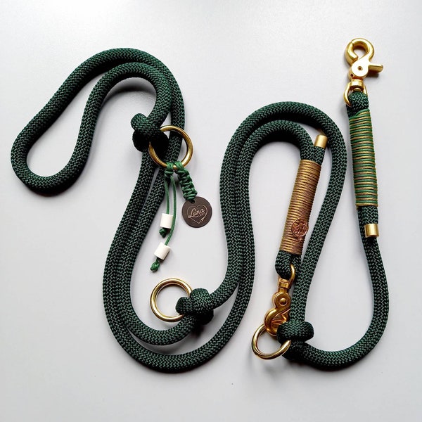 Hundeleine/Tauleine grün 2-fach verstellbar und Halsband für große Hunde, handgemacht, Beschläge antikgold, auch als Retrieverleine