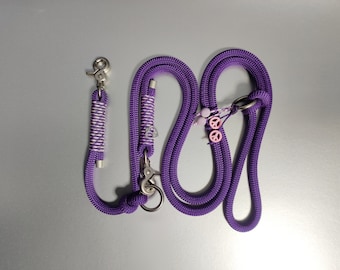 Dog leash, rope leash, 2-way adjustable and/or dog collar in purple, matt silver fittings, handmade, also as a retriever leash