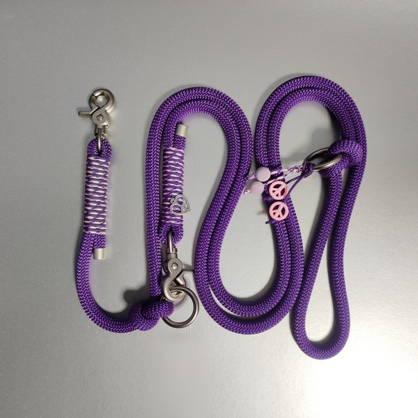 Dog leash, rope leash, 2-way adjustable and/or dog collar in purple, matt silver fittings, handmade, also as a retriever leash