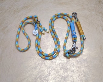 Lead leash | rope line | 2-way adjustable | Dog collar made of rope | light blue | yellow | mustard | fittings silver matt | also as a retriever leash