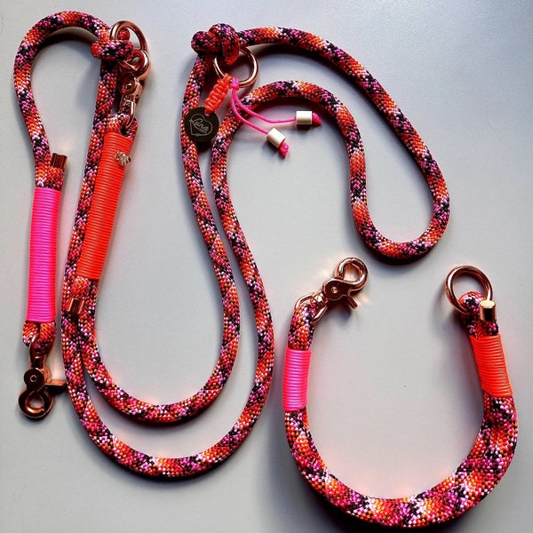 Dog leash/rope leash, 2-way adjustable and/or collar, colorful, neon pink, orange, rose gold fittings, handmade, also as a retriever leash