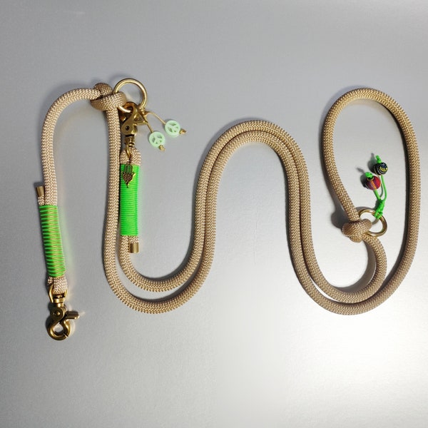 Dog leash and collar set, rope leash adjustable in beige and neon green, brass fittings, handmade, also as a retriever leash