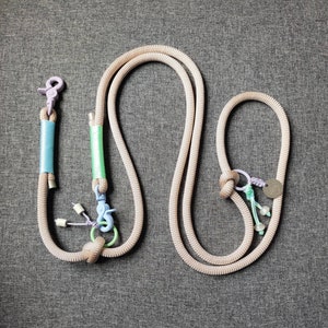 Tauleine, Hundeleine verstellbar, Tauhalsband, Hundehalsband, beige, flieder, mint, pastell, Beschläge silikon, auch als Retrieverleine