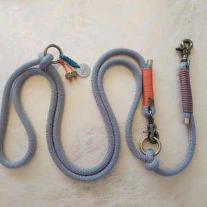 Hundeleine/Tauleine verstellbar und/oder Halsband, Tau/Seil, bunt, türkis, orange, gestreift, Beschläge messing, auch als Retrieverleine