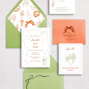 Suite fantaisiste d'invitations de mariage dessinées à la main avec carte RSVP et enveloppe RSVP en option