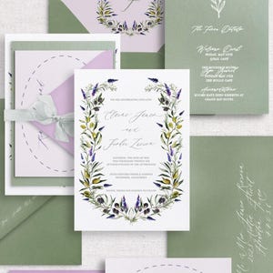 Suite de faire-part de mariage lavande et olive avec carte RSVP et enveloppe RSVP en option