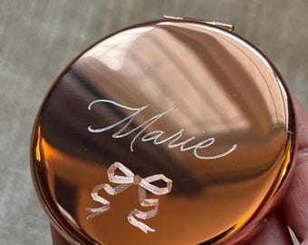 Personalized metal compact mirror engraved with name and icon