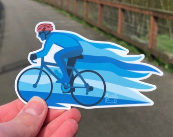 4.5x2.7" Sticker "Biker in Blue" Cyclist Bicycle Art