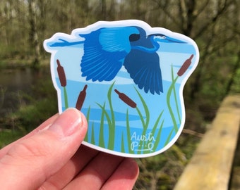 3.2x2.9" Sticker "Heron Flying" - Great Blue Heron Wetland Art