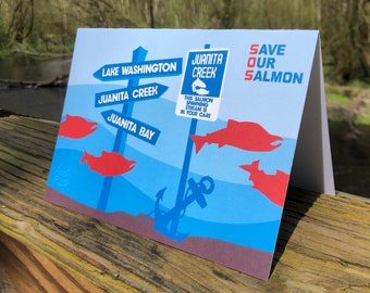 5x7 Greeting Card Pack "Save Our Salmon" - Lake Washington, Puget Sound, Salish Sea, Juanita Creek, Juanita Bay from Mural Design