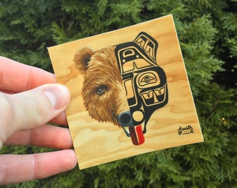 3x3" Sticker "The Spirit of the Bear" Northwest Coastal Native American Style Grizzly Painting